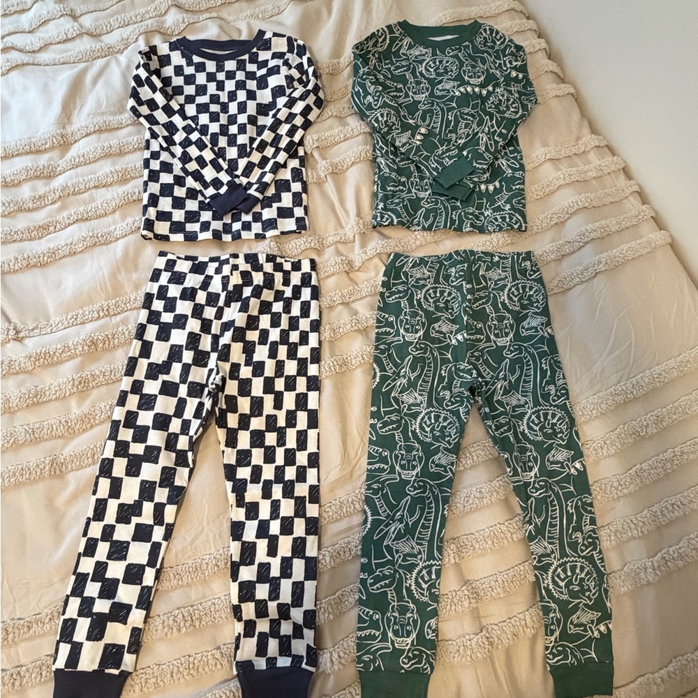 Cozy Kids Pajama Set - Black Checkered and Green Dino